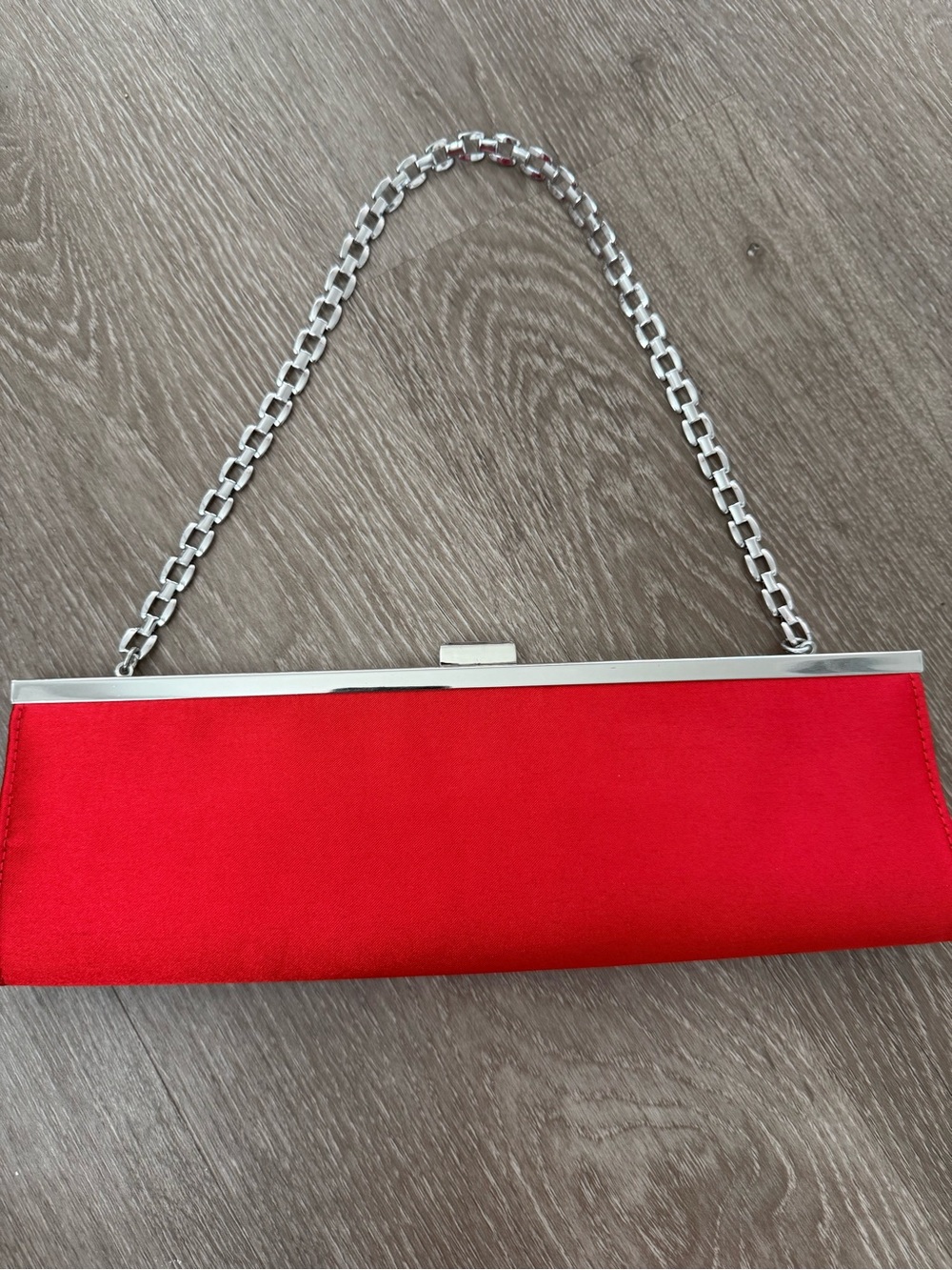 Mango Red Satin Clutch with Silver Chain Handle